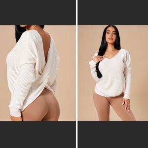 New white sweater with back twist design